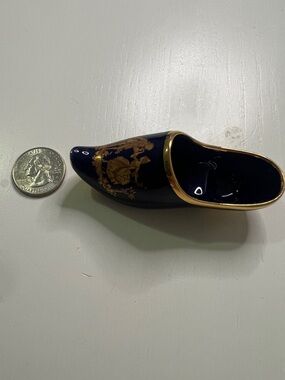 Limoges Ceramic Mini Shoe Trinket Dish in Deep Navy with Gold Accents